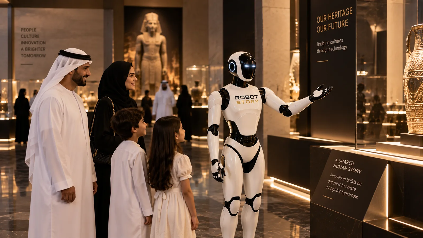 User-supplied illustrative concept of a museum-learning setting with a humanoid robot, family and exhibit displays; not a documented deployment or validated capability
