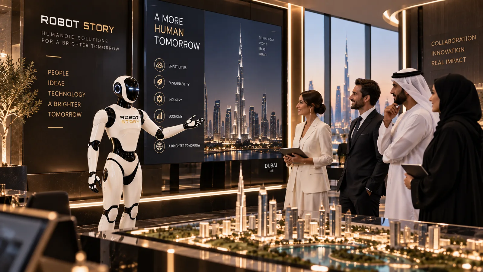 User-supplied illustrative concept of a corporate innovation showcase with a humanoid robot and business visitors; not a documented deployment or validated capability