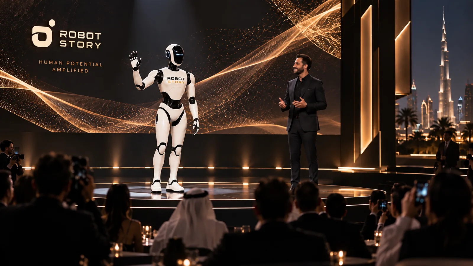 User-supplied illustrative concept of an entertainment stage with a humanoid robot, presenter and audience; not a documented deployment or validated capability