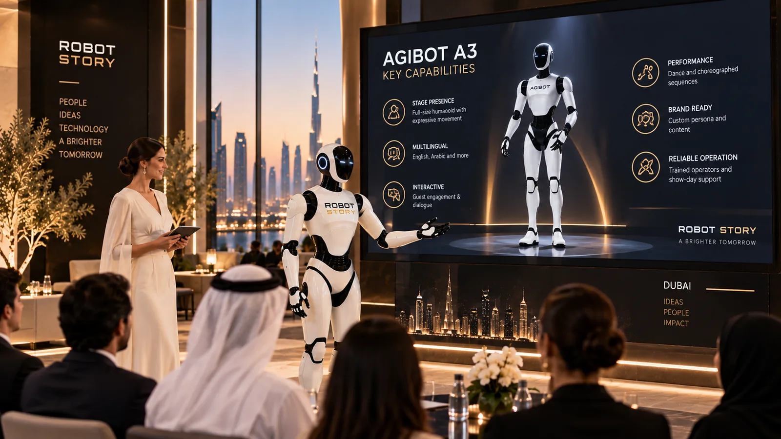 User-supplied illustrative concept of an event presentation with a humanoid robot, seated audience and AGIBOT A3 screen; not a documented deployment or validated capability