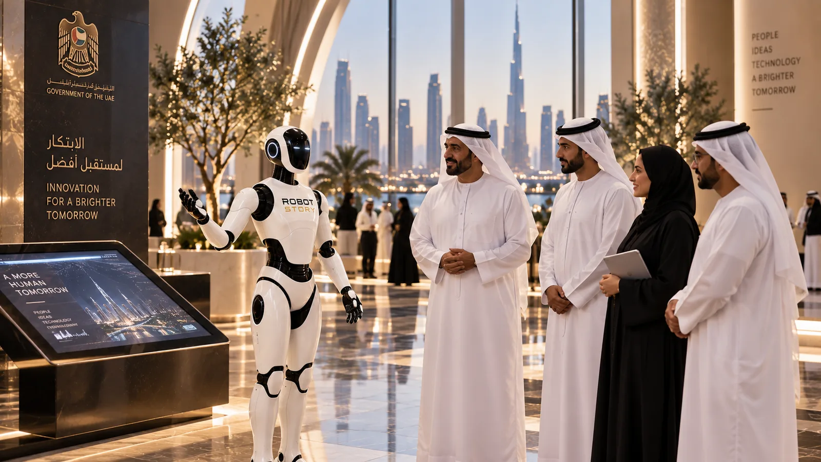 User-supplied illustrative concept of a public-service welcome setting with a humanoid robot and visitors; no government endorsement; not a documented deployment or validated capability