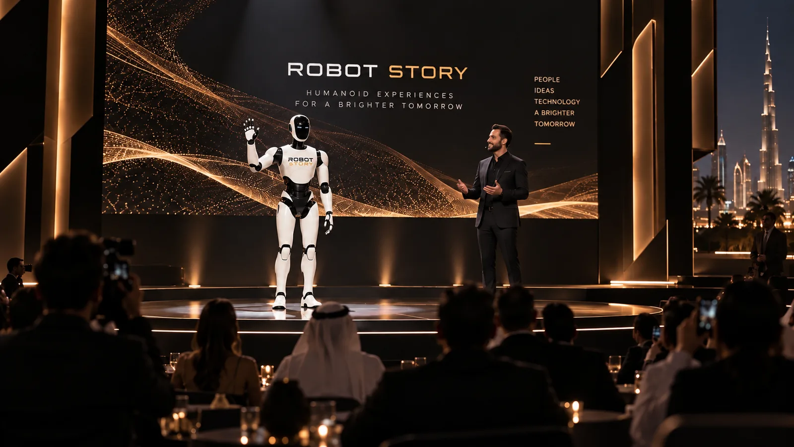 User-supplied illustrative concept of a branded performance stage with a humanoid robot, presenter and seated audience; not a documented deployment or validated capability