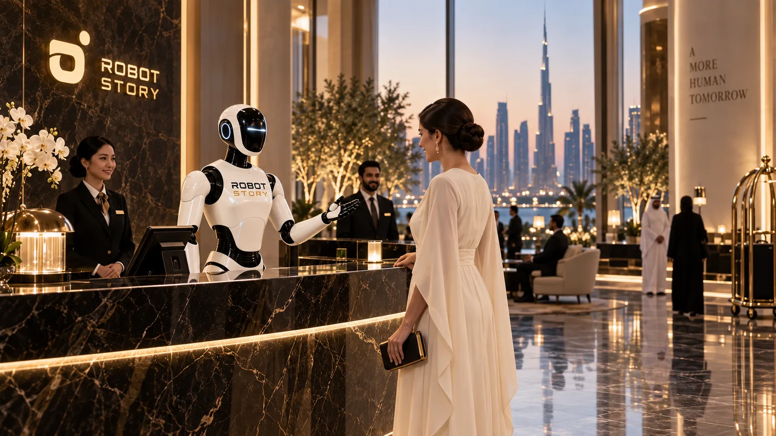 User-supplied illustrative concept of a hotel reception with a humanoid robot, staff member and arriving guest; not a documented deployment or validated capability