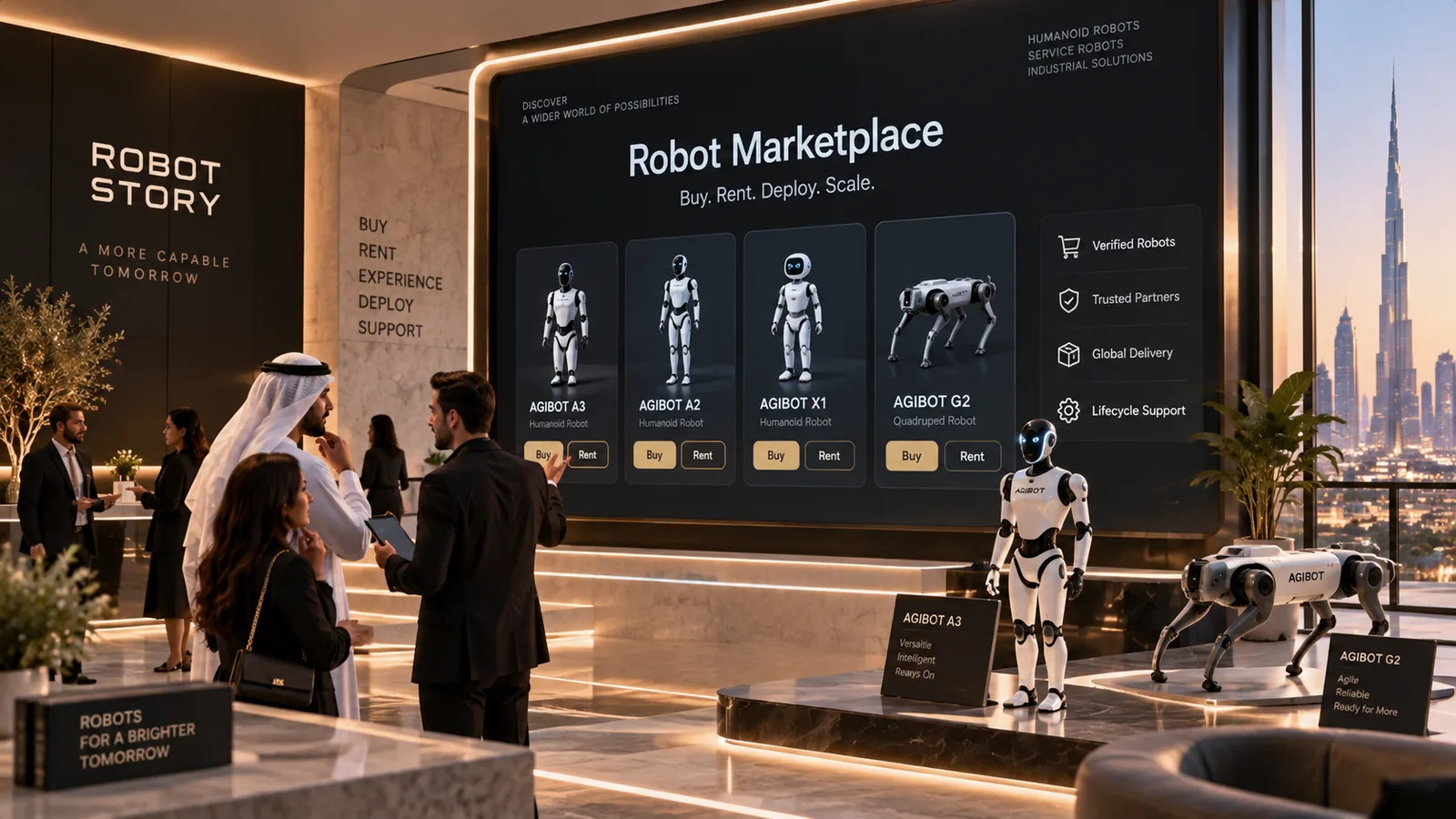 User-supplied illustrative concept of a Robot Story marketplace showroom with visitors, humanoid and quadruped robots on display and a branded marketplace screen; not a documented deployment or validated capability