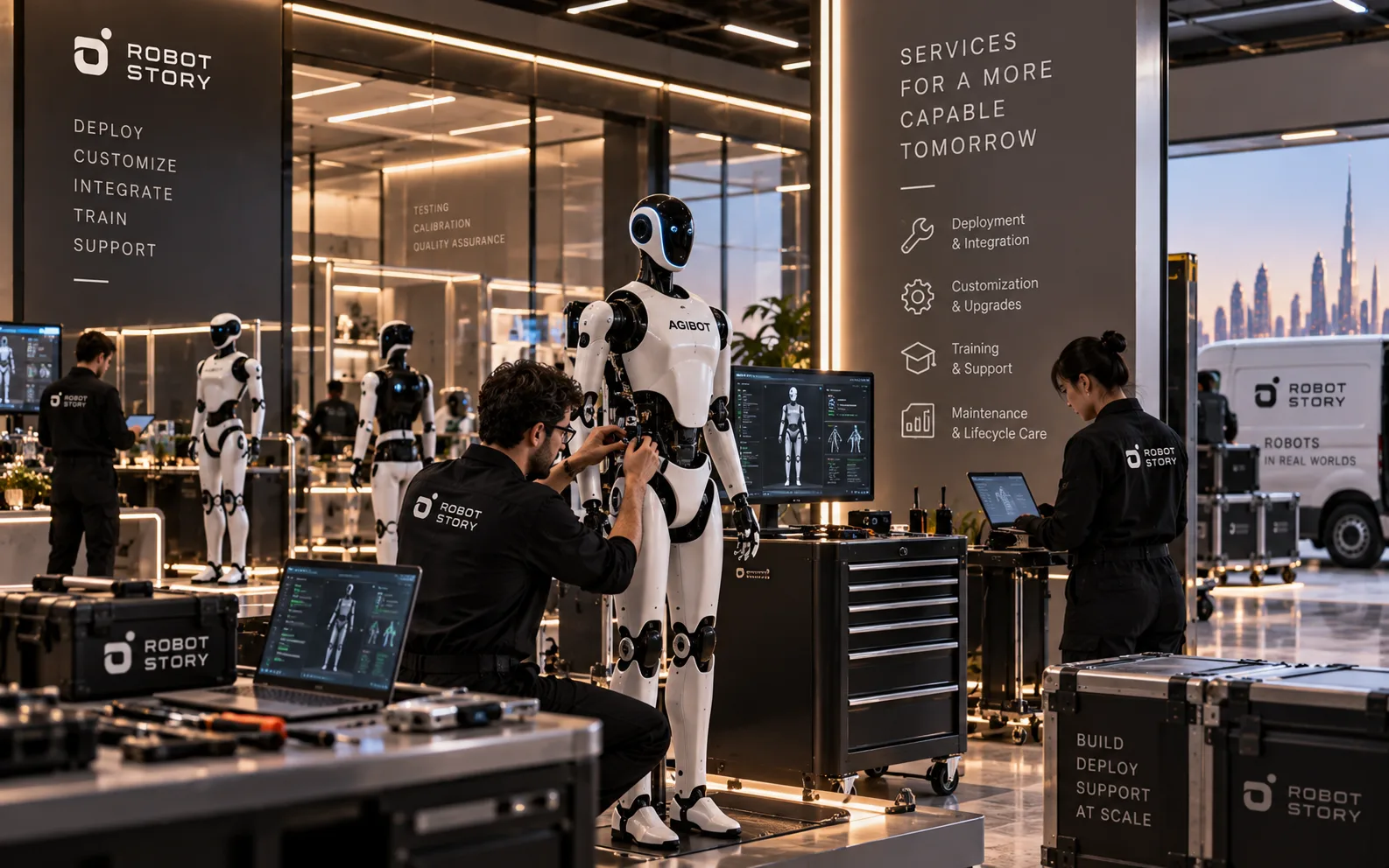 User-supplied illustrative concept of a Robot Story service workshop with technicians working on humanoid robots, diagnostic monitors, equipment cases and a branded service vehicle; not a documented deployment or validated capability