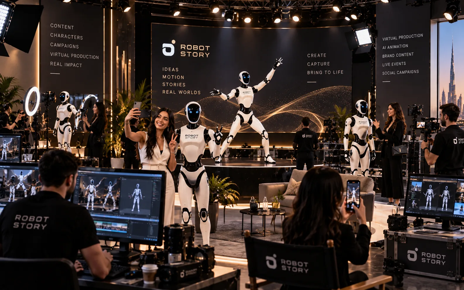 User-supplied illustrative concept of a Robot Story creative studio with humanoid robots, performers, camera operators, lighting and production monitors; not a documented deployment or validated capability