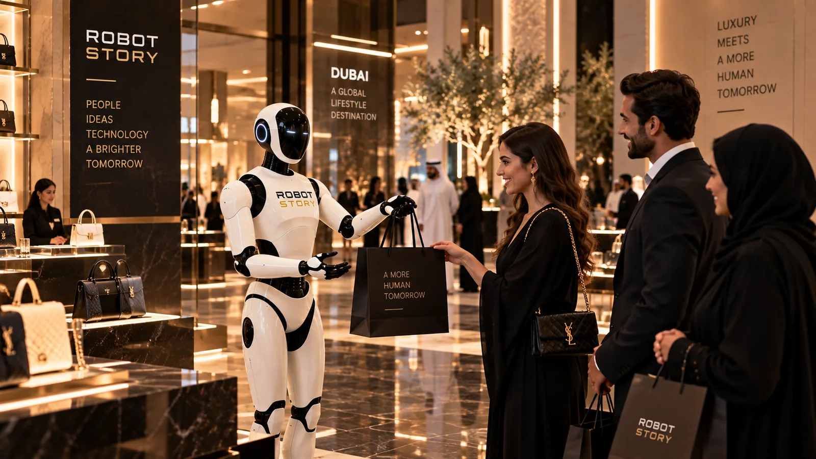 User-supplied illustrative concept of a branded retail welcome setting with a humanoid robot and shoppers; not a documented deployment or validated capability